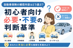 補償選びに迷う女性と白いセダンのイラスト。対人賠償、対物賠償、人身傷害、車両保険、ロードサービスの5つをアイコンで並べ、つけるべき補償となくてもいい補償を見分けることを示した図解。