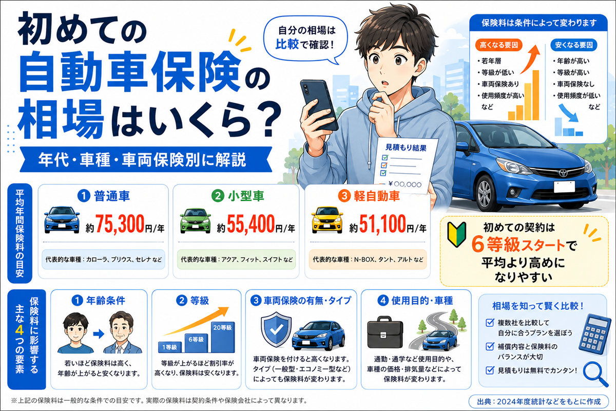 スマートフォンで見積もりを確認する男性と青い車のイラスト。普通車、小型車、軽自動車の平均年間保険料の目安と、年齢条件・等級・車両保険・使用目的という保険料に影響する4つの要素を並べた図解。