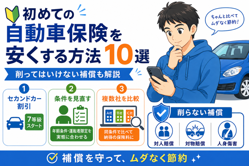 スマートフォンを見る男性と青い車のイラスト。まず効く3つとしてセカンドカー割引での7等級スタート、年齢条件・運転者限定の見直し、複数社の同条件比較を並べ、削らない補償として対人賠償・対物賠償・人身傷害を示した図解。