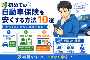 スマートフォンを見る男性と青い車のイラスト。まず効く3つとしてセカンドカー割引での7等級スタート、年齢条件・運転者限定の見直し、複数社の同条件比較を並べ、削らない補償として対人賠償・対物賠償・人身傷害を示した図解。