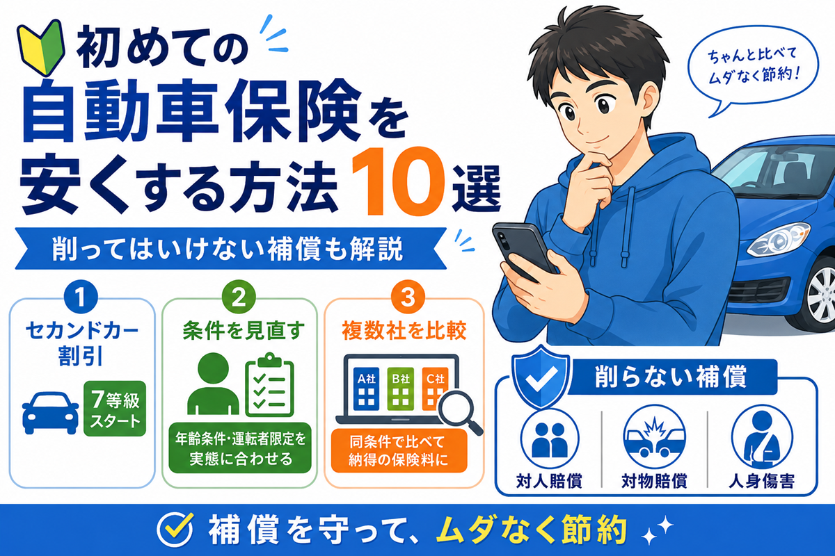 スマートフォンを見る男性と青い車のイラスト。まず効く3つとしてセカンドカー割引での7等級スタート、年齢条件・運転者限定の見直し、複数社の同条件比較を並べ、削らない補償として対人賠償・対物賠償・人身傷害を示した図解。