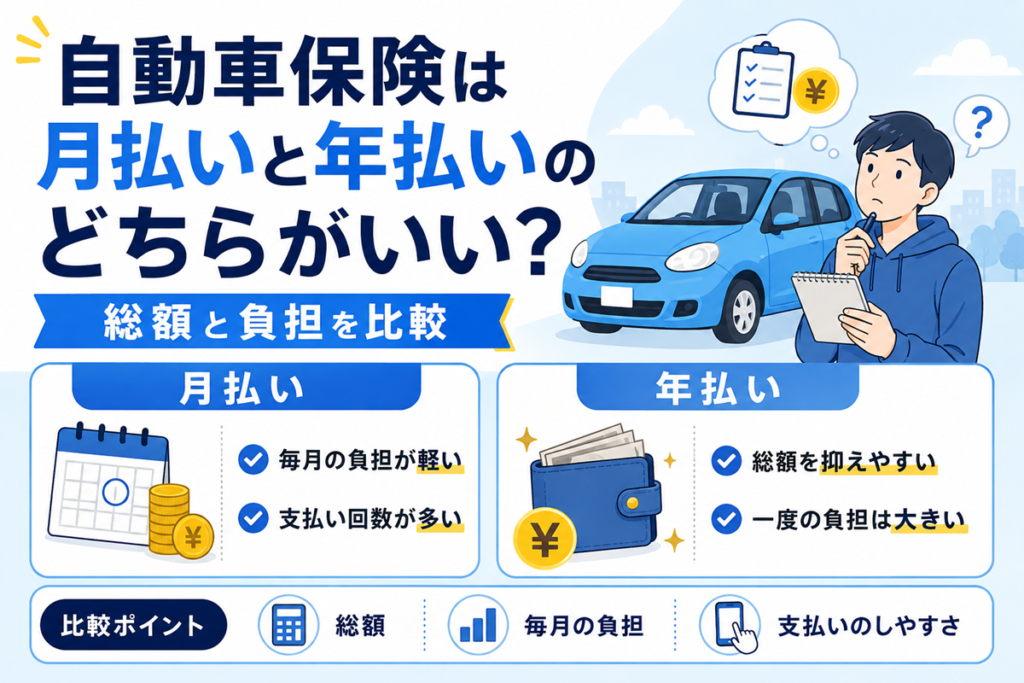 自動車保険の月払いと年払いを比較した図。月払いは毎月の負担が軽いが支払い回数が多く、年払いは総額を抑えやすいが一度の負担は大きいことを示している