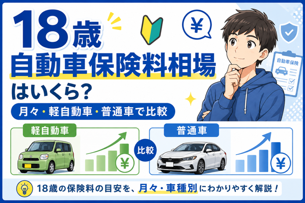 考えるしぐさの男性と初心者マークのイラスト。軽自動車と普通車を左右に分け、それぞれの保険料の目安を右肩上がりの棒グラフで比較し、月々と車種別で見ることを示した図解。