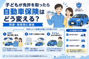 子どもが免許を取ったときの自動車保険の見直し方を示した図。同居で親の車に乗る、別居で帰省時だけ運転する、子どもが自分の車を持つ、の3つの分岐を比較している