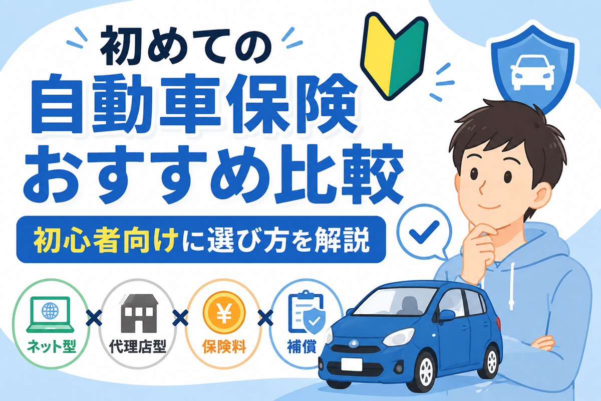 考えるしぐさの男性と初心者マーク、青い車、車を守る盾のイラスト。ネット型、代理店型、保険料、補償の4つの要素を横に並べ、初心者向けに選び方を比較して解説することを示した図解。