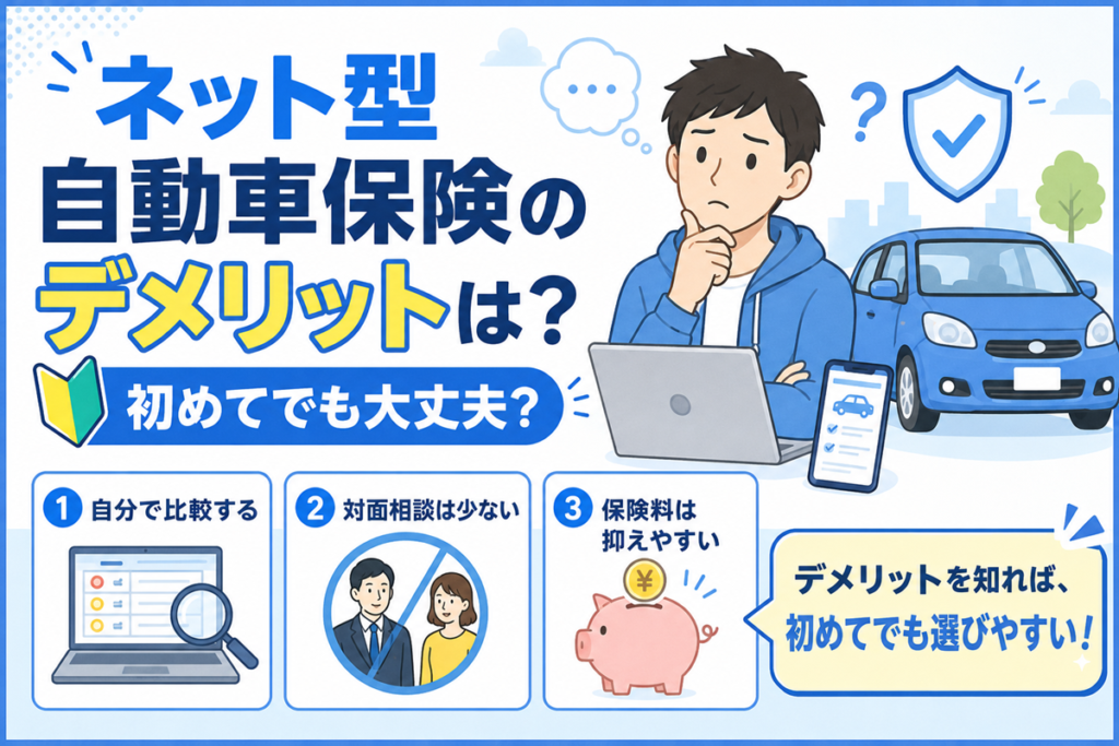 ネット型自動車保険のデメリットを整理した図。補償を自分で比較して決める、対面での相談機会が少ない、その一方で保険料は抑えやすい、の3点を並べている