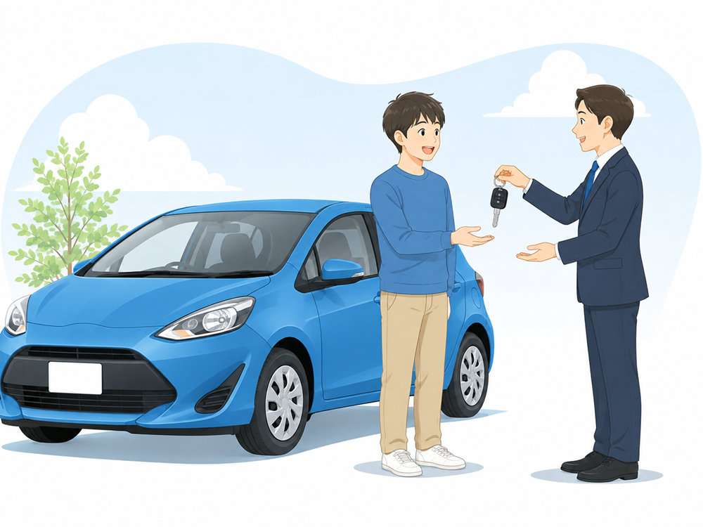 納車された青いコンパクトカーの前で、販売店のスタッフから車の鍵を受け取る男性のイラスト。